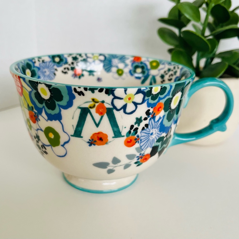 Anthropologie Teal Floral “M” Monogram Mug Teacup ‘Tea Time’